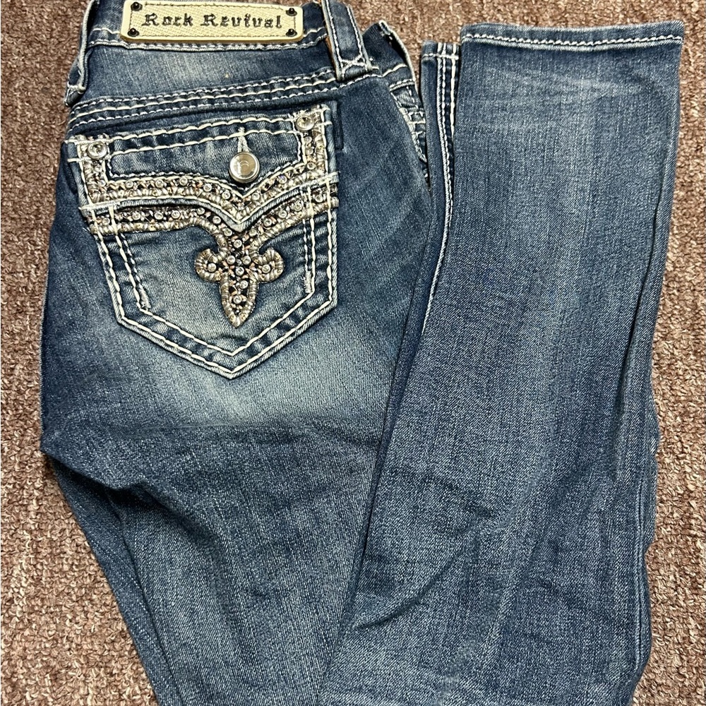 Rock Revival Blue Skinny Jeans with Rhinestone Embroidery